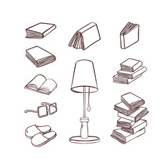 Book set for reading, textbooks, lamp, glasses line illustration