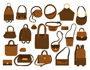 Set of bags. Collection of ladies handbags and purses. Cartoon vector illustration, isolated on a white background