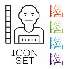 Black line Suspect criminal icon isolated on white background. The criminal in prison, suspected near the board. Set icons colorful. Vector