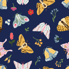 Exotic butterflies, moth summer vector seamless pattern. Tropical flying insects flat cartoon vector texture. Hand drawn cute design for fabric, print, poster, wallpaper.