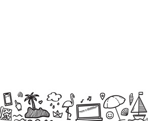 Fototapeta premium Hand drawn holiday elements on isolated background. Sketchy doodles on white. Summer holidays. Signs and symbols. Simple banner. Black and white illustration