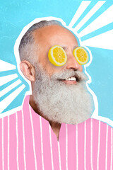 Trend creative collage of senior grandfather have lemon slices instead of eyes look traditional sight treatment concept