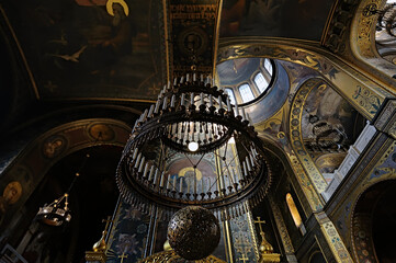 The ornate chandelier of St Volodymyr's Cathedral in Kyiv Ukraine