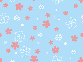 Seamless pattern with Sakura flower and snowflakes on blue background vector.