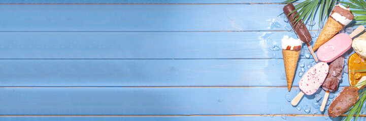 Set of various ice cream popsicle on black background. Assortment of icecream cones and popsicles...