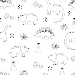 Cute dino seamless pattern. Baby vector background. Black and white dinosaurs. Kids print coloring book. Funny nursery design.