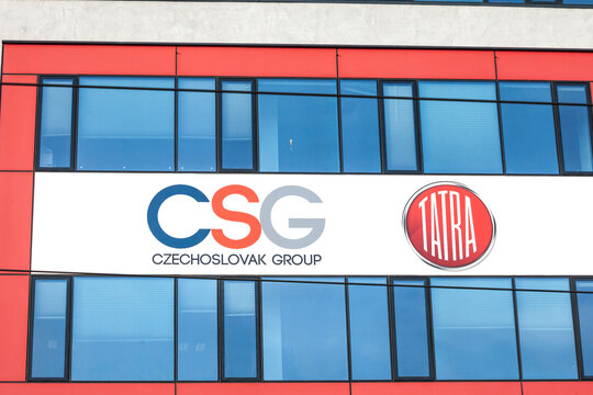 PRAGUE, CZECHIA - NOVEMBER 1, 2019: CSG Czechoslovak Group and Tatra Vehicles logo on their office. CSG is a Czech Industrial Holding, Tatra is a vehicle manufacturer from Czechia