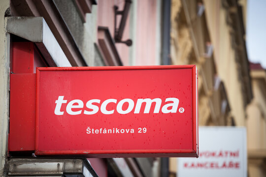 PRAGUE, CZECHIA - NOVEMBER 2, 2019: Tescoma logo in front of their local store in downtown Prague. Tescoma is a Czech brand of kitchenware and kitchen utensils