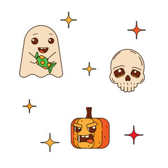 A set of characters for your Halloween design. Pumpkin, skull, ghost. Symbols of a happy Halloween holiday. Vector illustration