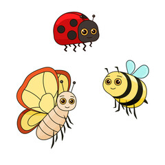A set of characters for children. Ladybug, bee, butterfly. Summer vector illustration