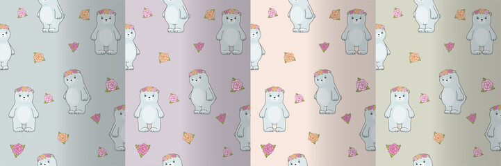 Cute polar bear with flowers on a light background. Children's vector graphics, a set of seamless patterns
