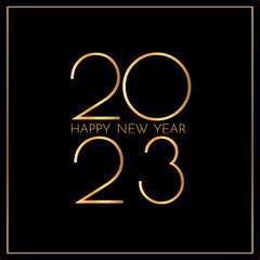 New Year 2023 greeting card. 2023 golden New Year sign on dark background. Vector illustration of happy new year 2023.