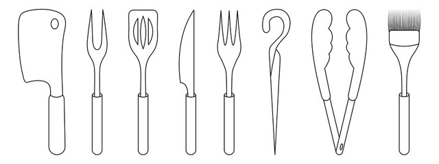 A set of barbecue tools. Sketch. Meat fork with two prongs, spatula, knife, tongs, silicone brush, fork with three prongs, hatchet and metal skewer for barbecue. Vector illustration. Coloring. 