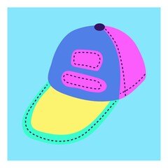 A cap of neon colors in the style of the 90s. Flat vector illustration
