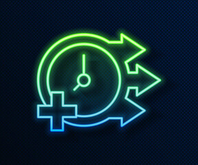 Obraz premium Glowing neon line Clock icon isolated on blue background. Time symbol. Vector
