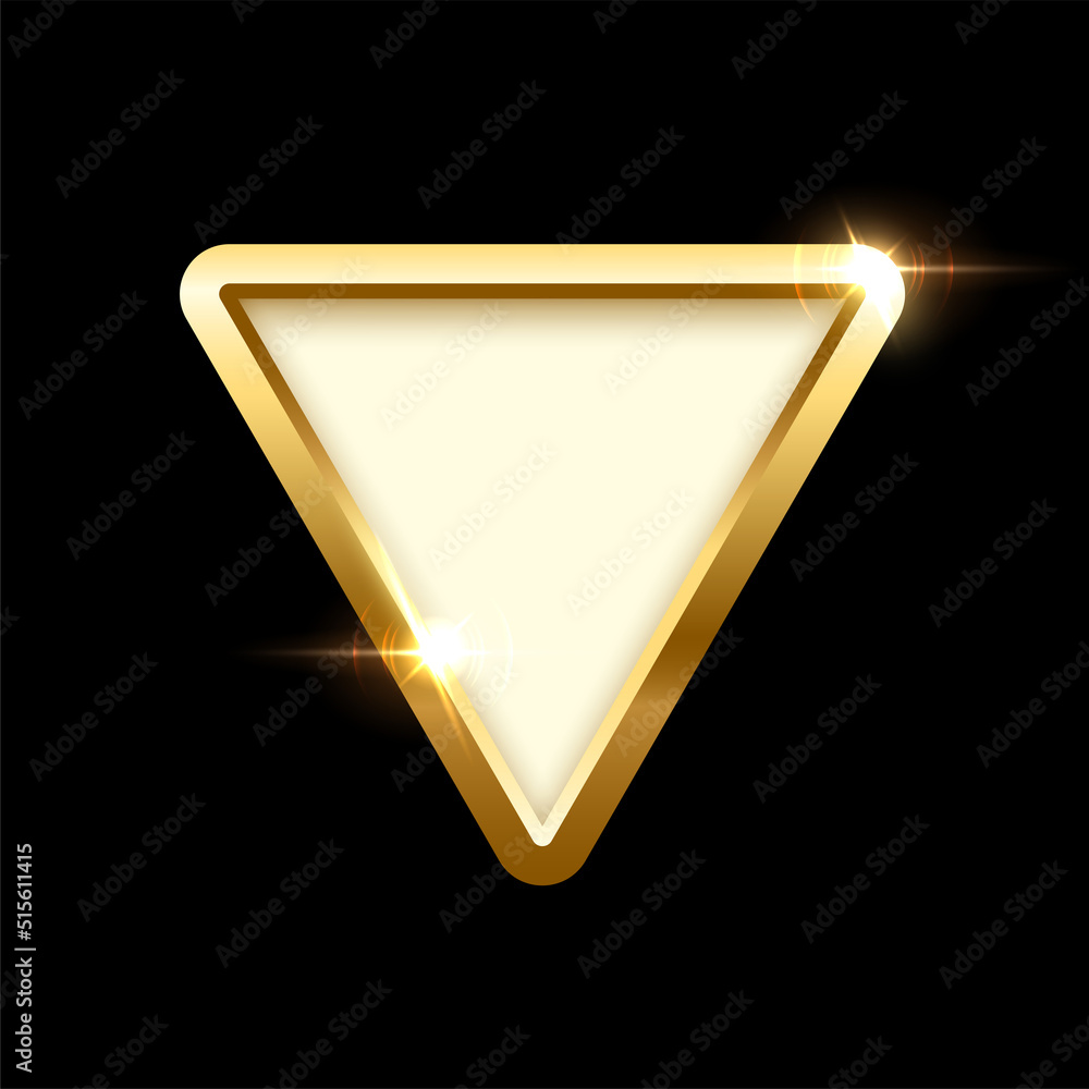 Poster white button in triangle gold frame vector illustration. 3d realistic shiny metal golden object on p