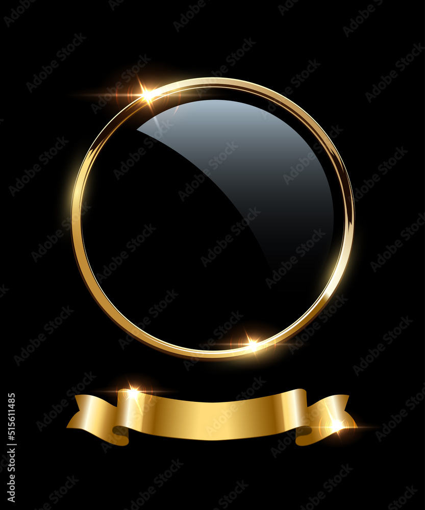 Wall mural gold circle frame and ribbon with shine and sparkle light effect, 3d golden circular ring