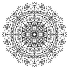 Outline ethnic mandala isolated on a white background. Folk ornament for an anti-stress coloring page.