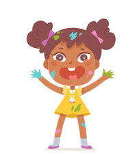 Cute little girl with messy paint stains, splashes playing on art lesson in kindergarten