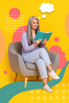 Pinup zine collage of concentrated elderly lady read text book fantasize wisdom facts isolated bright color background