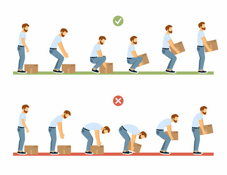 lifting technique. safety moving and load heavy objects body ergonomic positions. Vector cartoon infographic templates