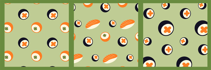 Sushi seamless pattern set, sushi rolls texture, japanese cuisine background, wallpapers, ornament. Flat vector illustration for wrapping paper, packaging, fabric, cover design of tuna, salmon rolls