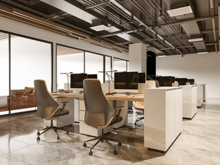 Working Area in Modern Interior Open Office Workspace 3d Rendering