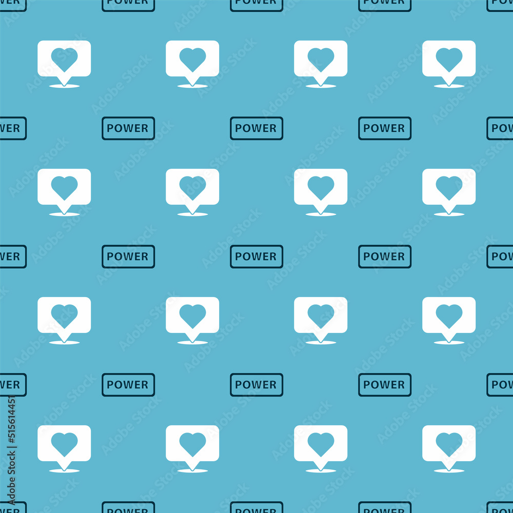 Poster Set Power button and Like and heart on seamless pattern. Vector