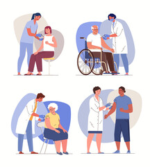 Vaccination of young and old people. Prevention of infectious diseases. Protection against viruses and bacteria due to acquired immunity. Vector characters flat cartoon illustration.
