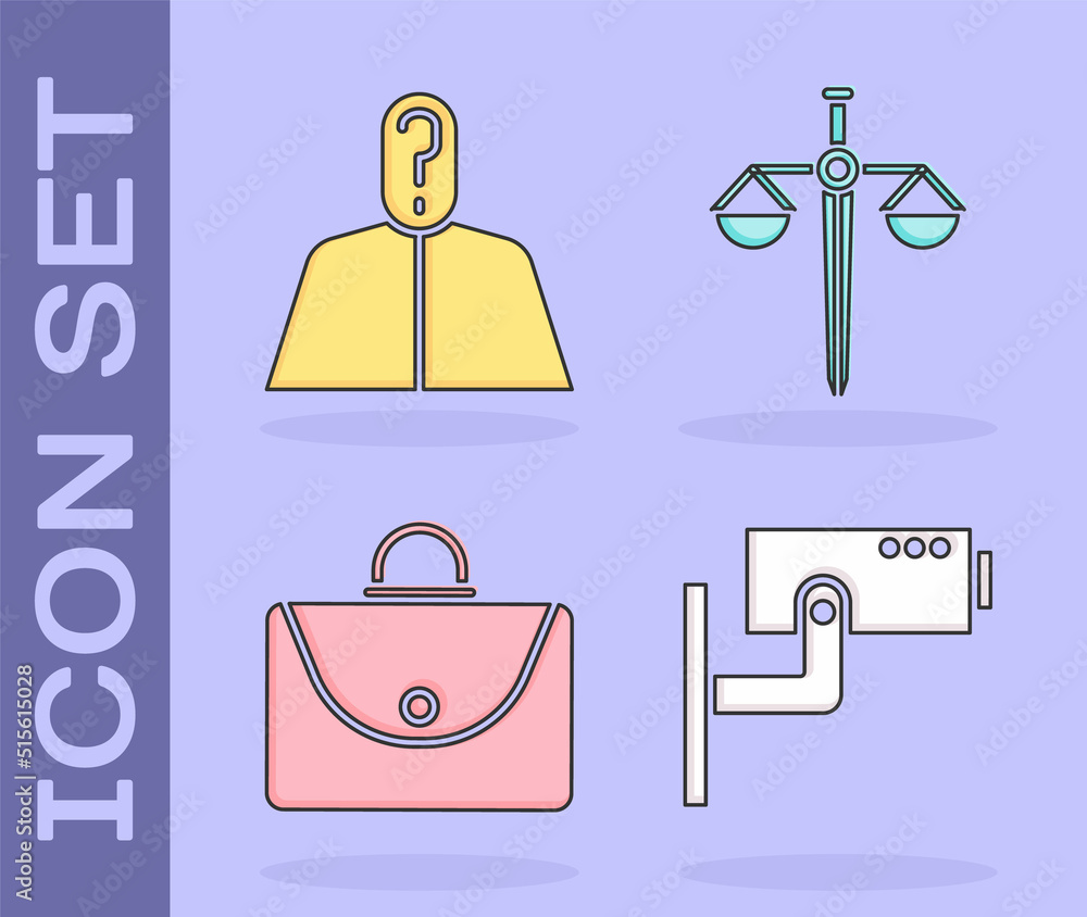 Poster set security camera, anonymous with question mark, briefcase and scales of justice icon. vector