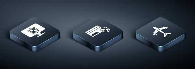 Naklejka premium Set Isometric Location shield, Plane and Credit card with icon. Vector