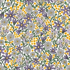 Keuken spatwand met foto Yellow, lilac and white flowers mix, pattern illustration © Stolenpencil
