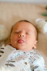 Cute baby in flower printed clothes laying in peonies