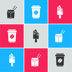Set Asian noodles and chopsticks, Coffee cup to go and Ice cream icon. Vector