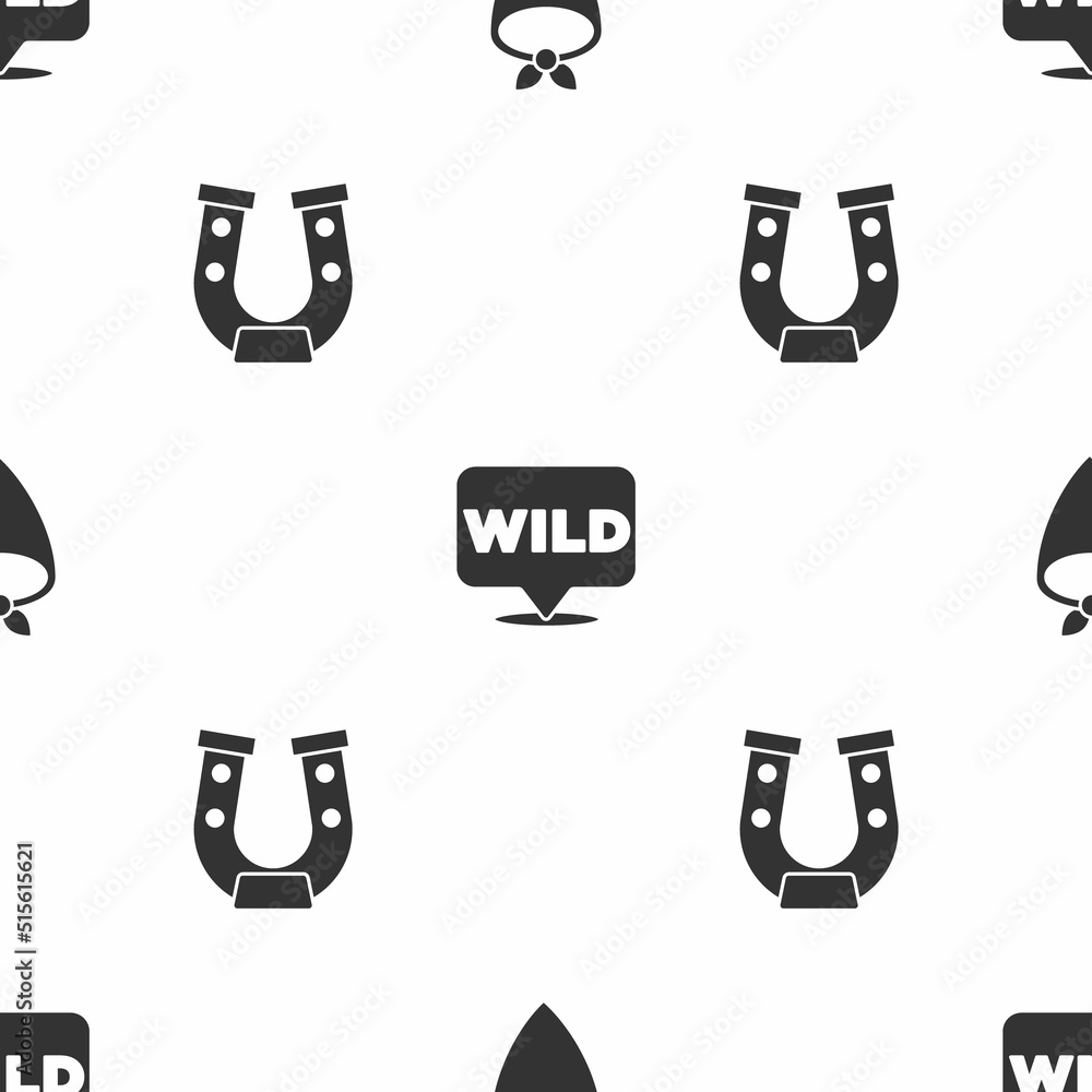 Wall mural Set Cowboy bandana, Pointer to wild west and Horseshoe on seamless pattern. Vector