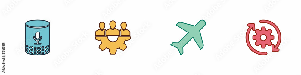 Poster set voice assistant, project team base, plane and gear and arrows workflow icon. vector