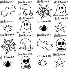 Set of witch hats, pentagram, spider, web, bat, skull and inscription halloween. Halloween concept. Halloween seamless background with witch hats, spider, spiderweb, bat, skull and pentagrams.