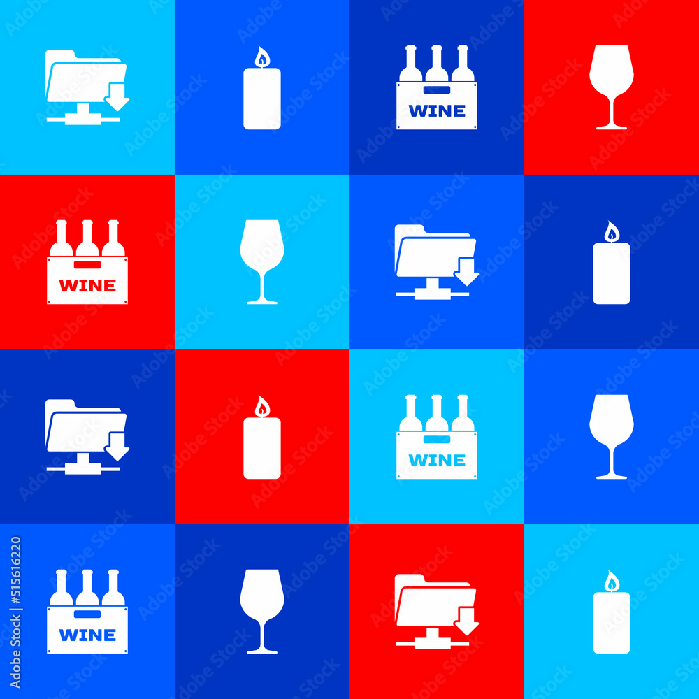 Poster set ftp folder download, burning candle, bottles of wine box and wine glass icon. vector