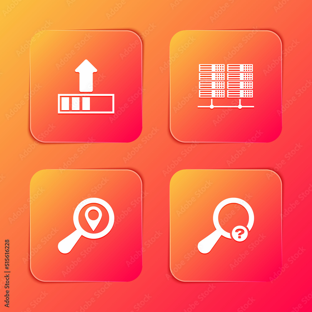 Poster set loading, server, data, web hosting, search location and unknown search icon. vector