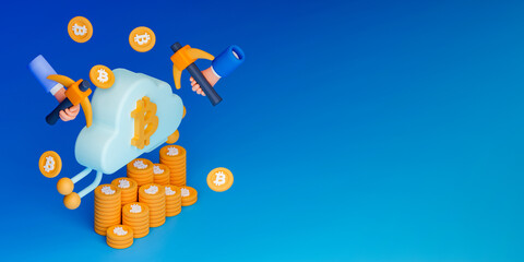 Isometric 3d rendering concept cloud mining illustration. People mining cryptocurrency using cloud computing technology.