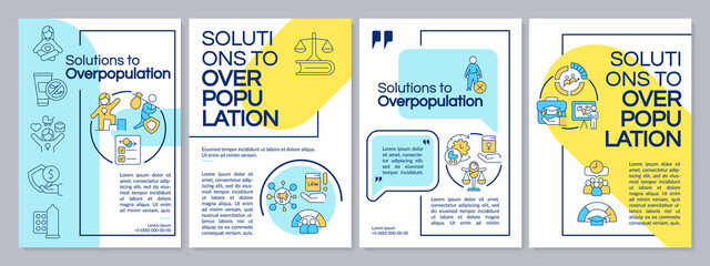 Fototapeta na wymiar Solutions to overpopulation blue and yellow brochure template. Leaflet design with linear icons. Editable 4 vector layouts for presentation, annual reports. Questrial, Lato-Regular fonts used