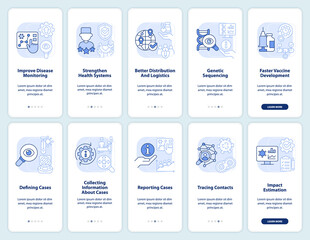 Disease monitoring light blue onboarding mobile app screen set. Walkthrough 5 steps editable graphic instructions with linear concepts. UI, UX, GUI template. Myriad Pro-Bold, Regular fonts used