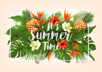 Summer tropical holiday background with exotic palm leaves and colorful tropic flowers. Vector
