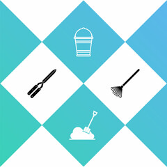 Set Gardening handmade scissor, Shovel the ground, Bucket and rake for leaves icon. Vector