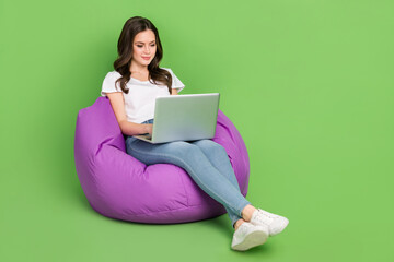 Photo of lovely charming woman dressed white t-shirt sitting bean bag typing gadget empty space...