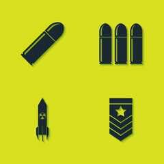 Set Bullet, Chevron, Nuclear rocket and icon. Vector