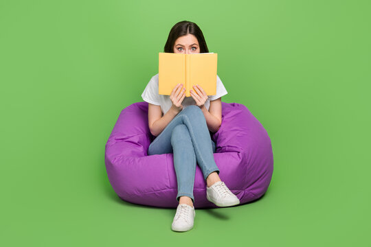 Photo of excited impressed woman dressed white t-shirt sitting bean bag interesting book cover face isolated green color background