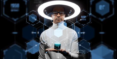 future technology and virtual reality concept - man in glasses with smart speaker under white...