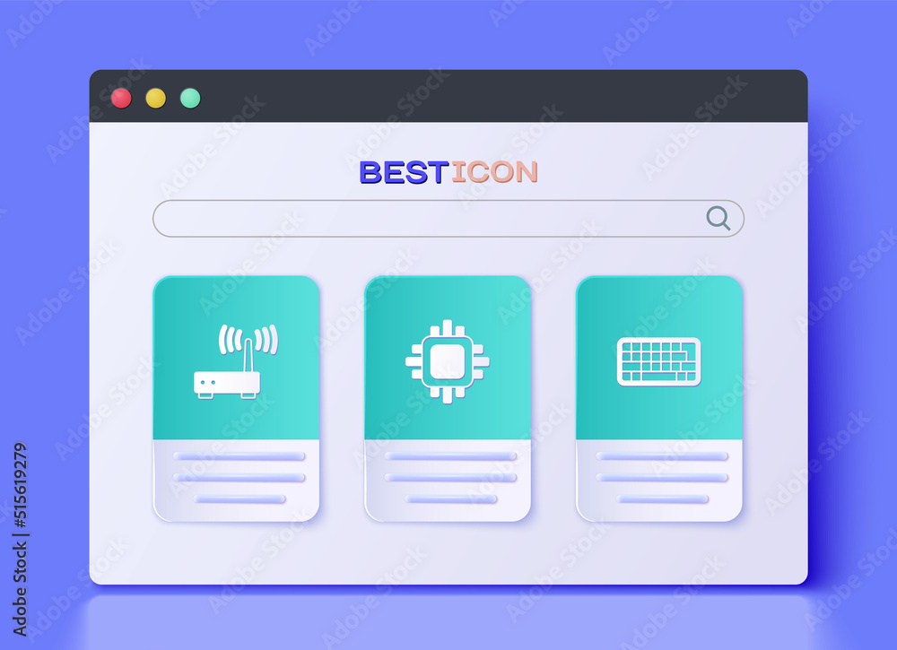 Poster set processor with cpu, router and wi-fi signal and keyboard icon. vector