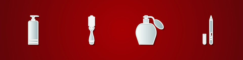 Obraz premium Set Cream cosmetic tube, Hairbrush, Perfume and Eyeliner, eyebrow icon. Vector